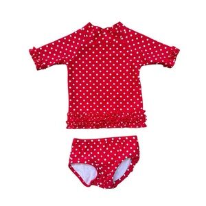 RuffleButts red white polka dot Rashguard swimsuit 6-12m